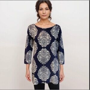 Lilly‎ Pulitzer Sweater Women Sz S Blue Knit Merino Wool Paisley Business Casual